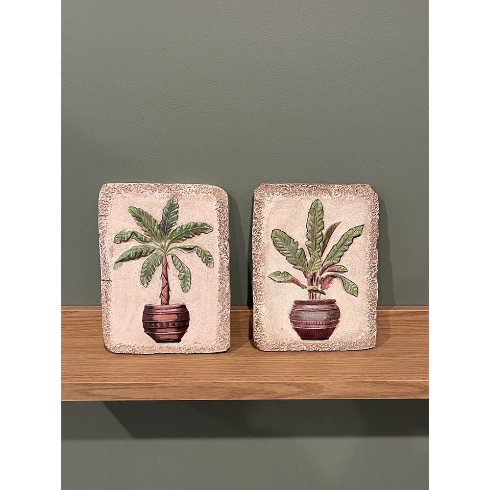 Vintage Palm Leaves Wall Plaques Set of 2 Tropical Boho Decor